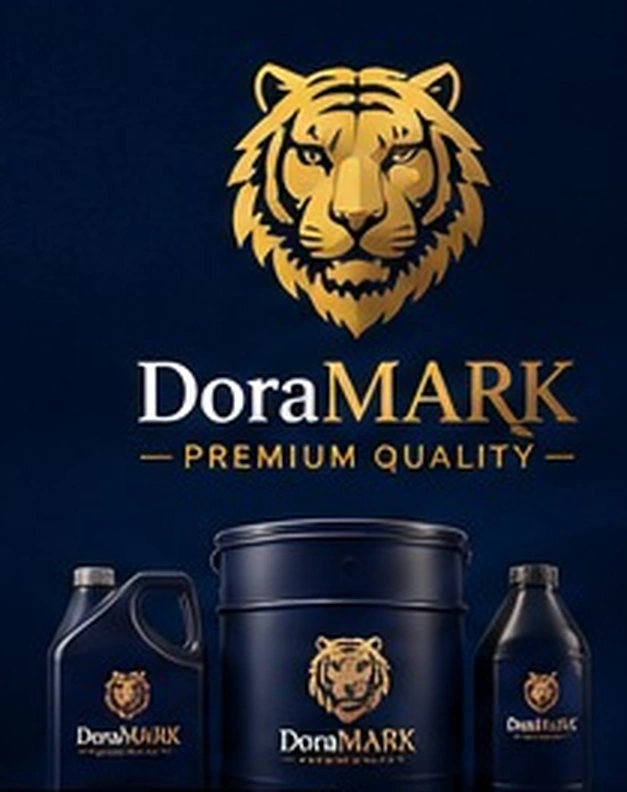 DoraMARK Premium Quality — tinta marking dengan kemasan botol dan drum berwarna biru gelap