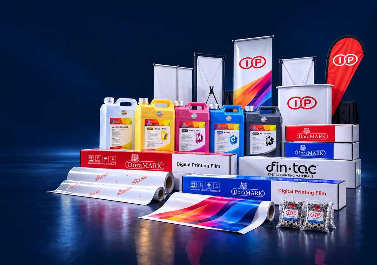 Jajaran produk PT Infiniti Putra Selaras — tinta printing, media cetak, banner, dan aksesoris promosi